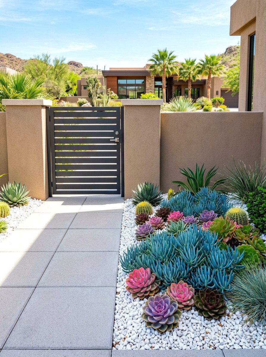 Contemporary Metal Gate And Succulents - 30 driveway gate landscaping ideas