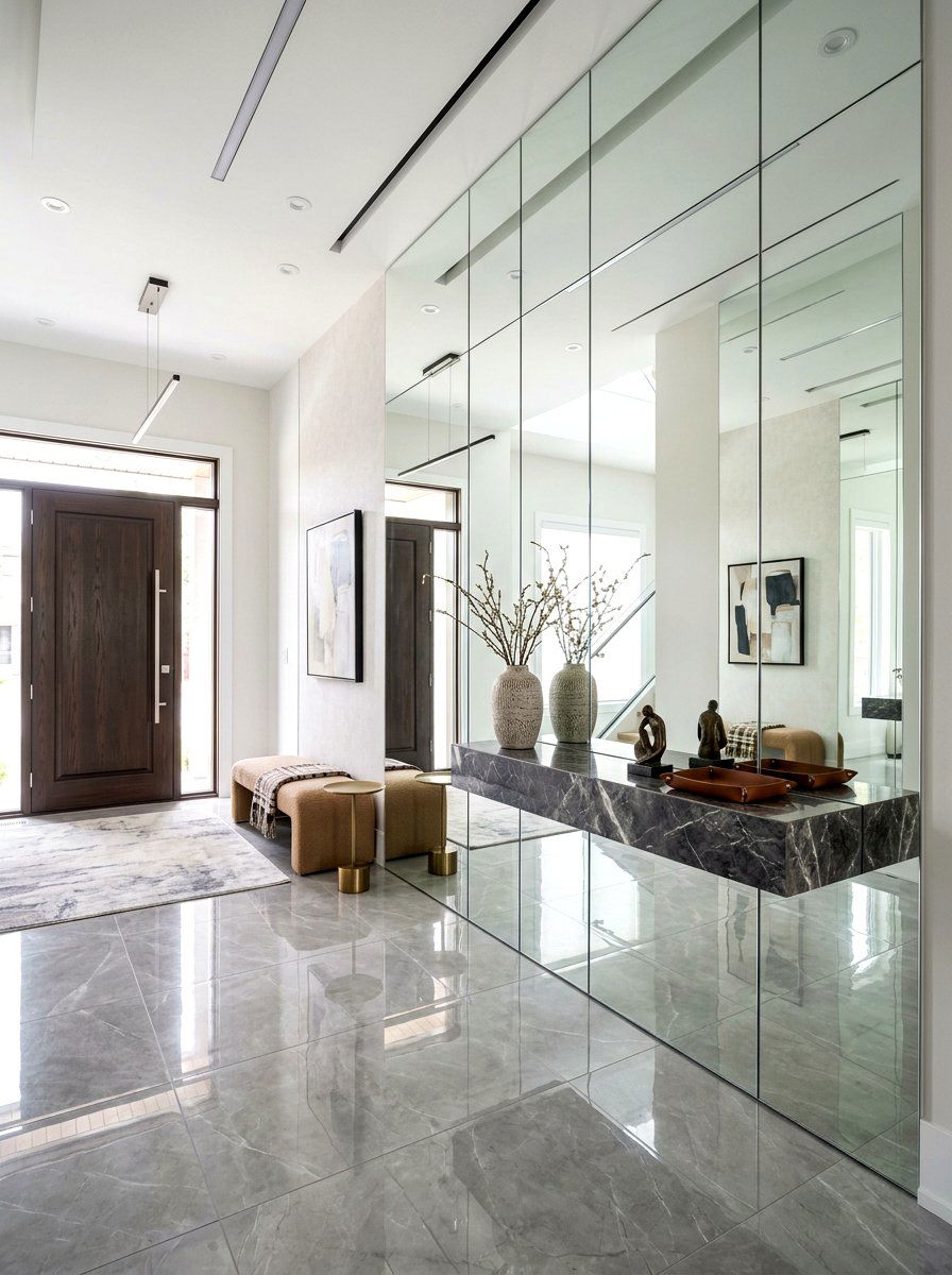 Contemporary Mirror Wall Entryway - 30 mirror wrapped foyer ideas