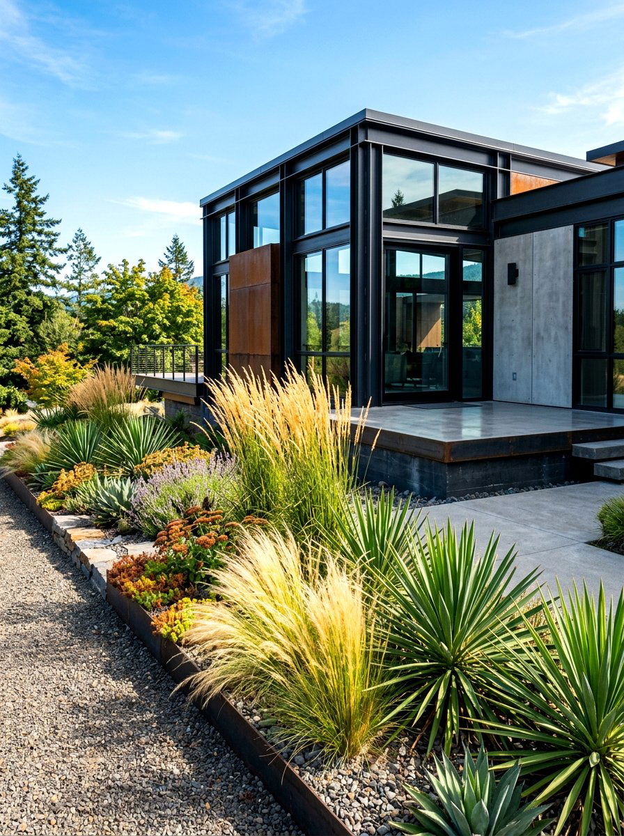 Contemporary Mixed Texture Architectural Beds - 30 foundation flower bed ideas