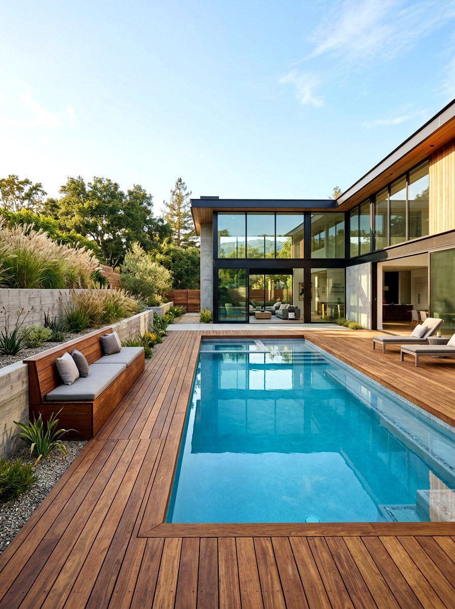 Contemporary Pool With Wood Decking - 30 rectangular pool ideas