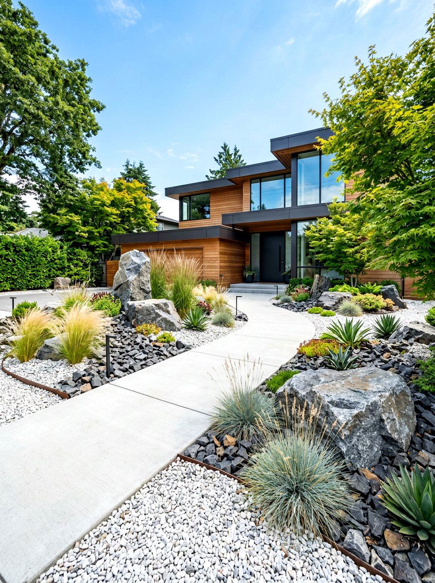 Contemporary Rock Garden - 30 white gravel front yard ideas