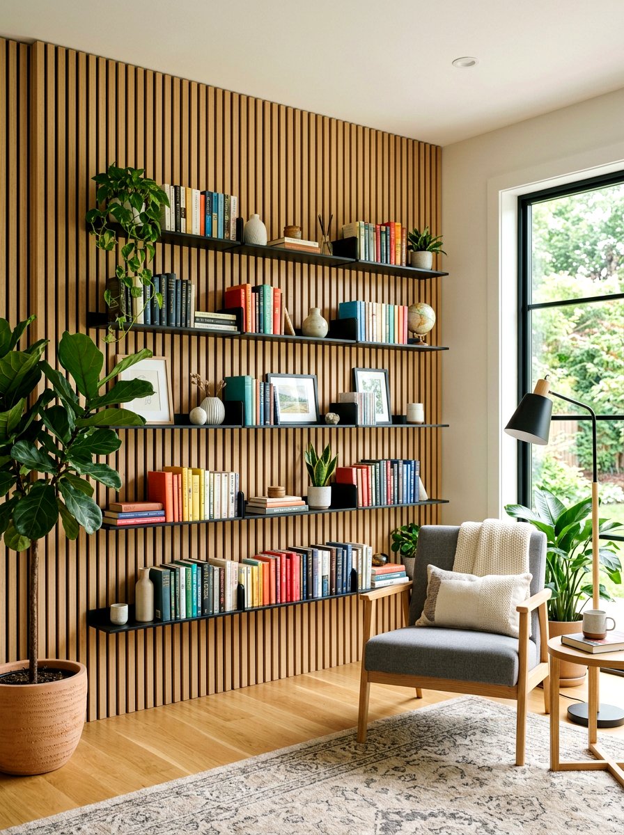 Contemporary Slat Wood Library Wall - 30 paneled library ideas
