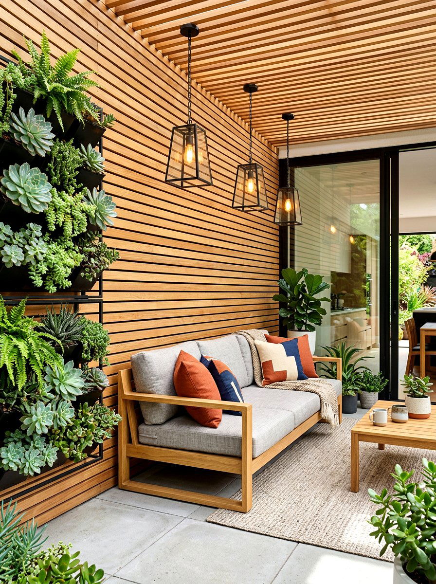 Contemporary Slatted Wood Wall Patio - 30 warm wood patio lounge ideas