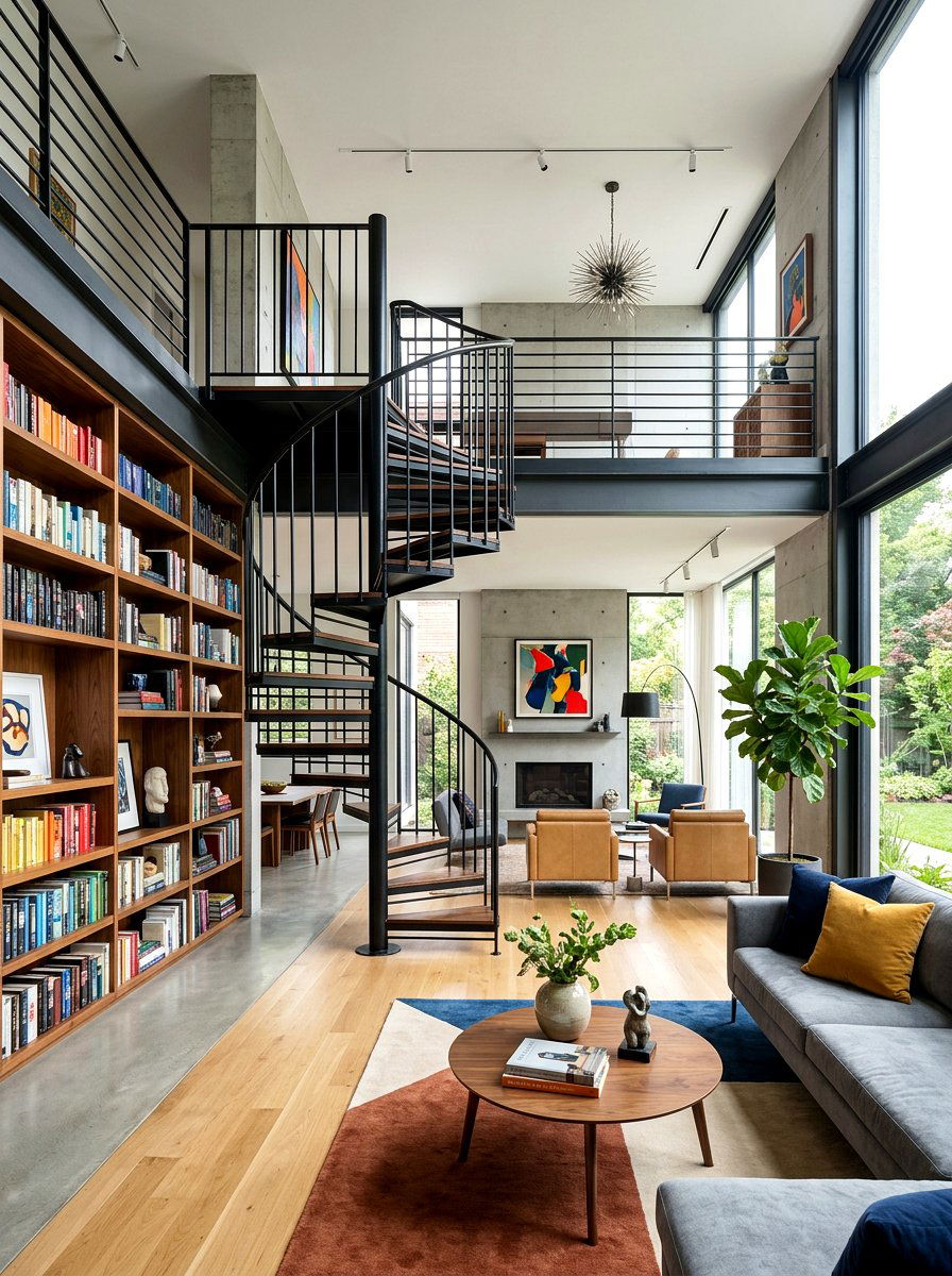 Contemporary Spiral Staircase - 30 tall ceiling living room ideas