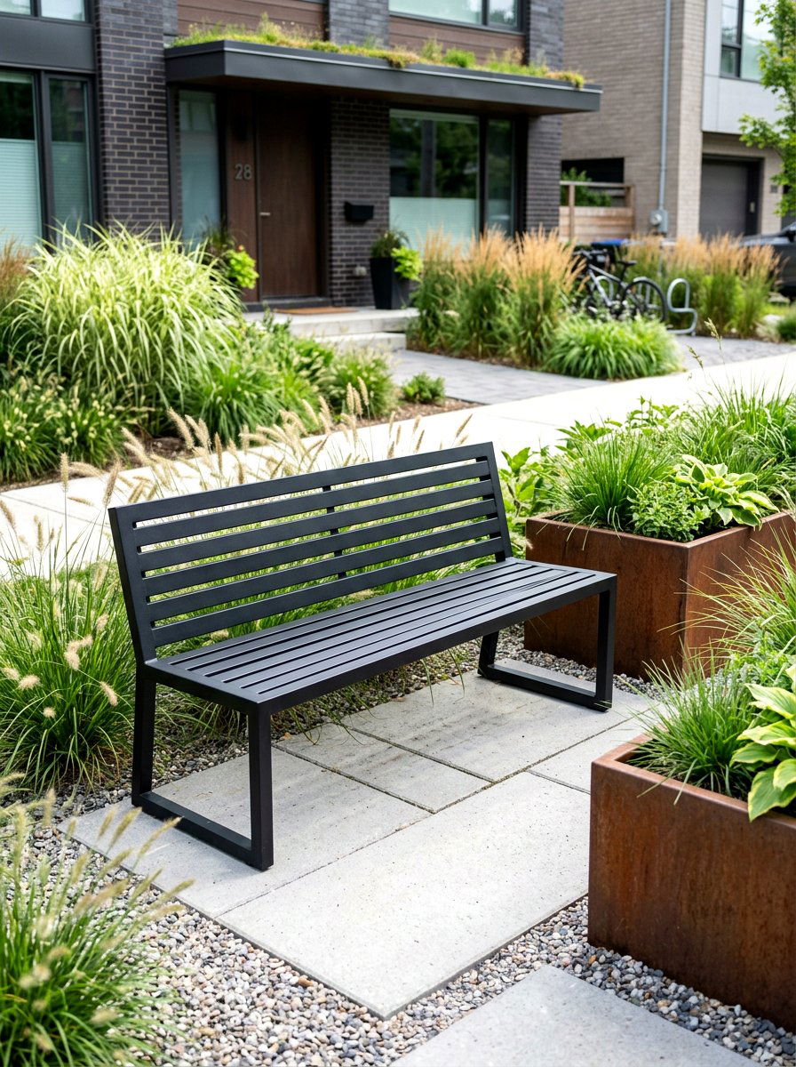 Contemporary Steel Bench - 30 front yard bench ideas