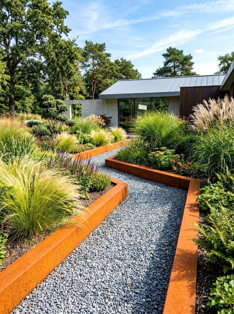 Contemporary Steel Edging Garden - 30 gravel garden ideas