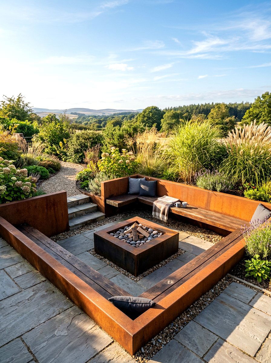 Contemporary Steel Framed Pit - 30 sunken backyard seating ideas
