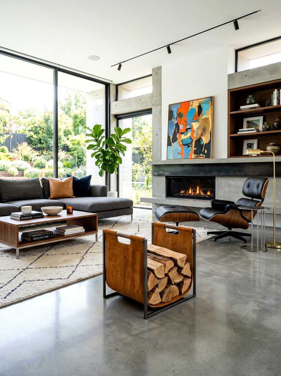 Contemporary Suede Wood Carrier - 30 fireplace wood basket ideas