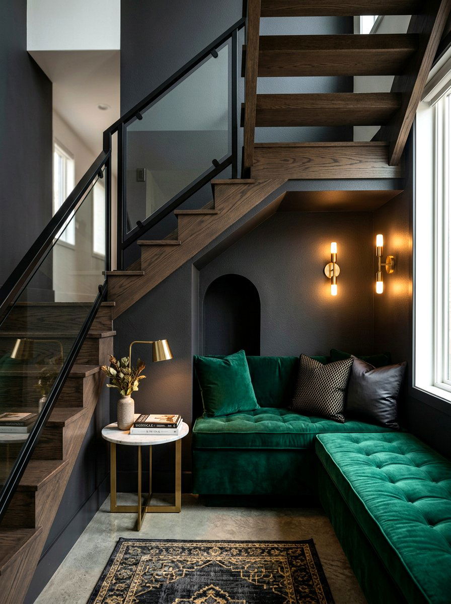 Contemporary Velvet Seating - 30 under stairs reading nook ideas