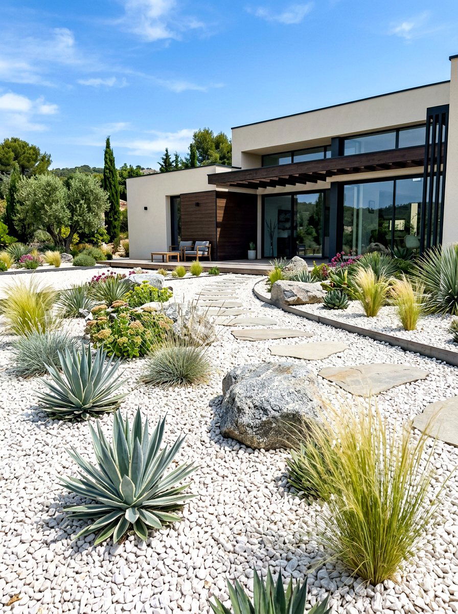 Contemporary White Gravel Garden - 30 white bloom garden ideas