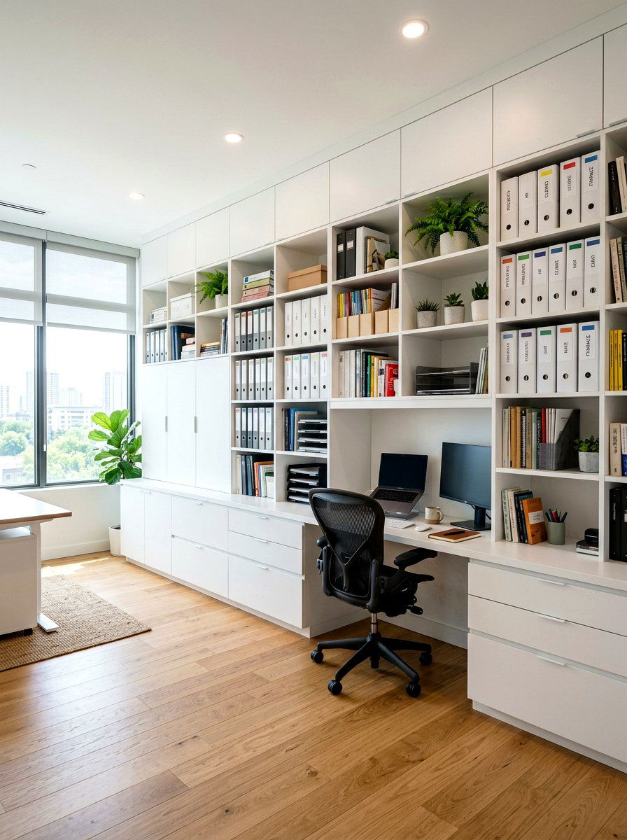 Contemporary White Office Storage Wall - 30 white office built in ideas