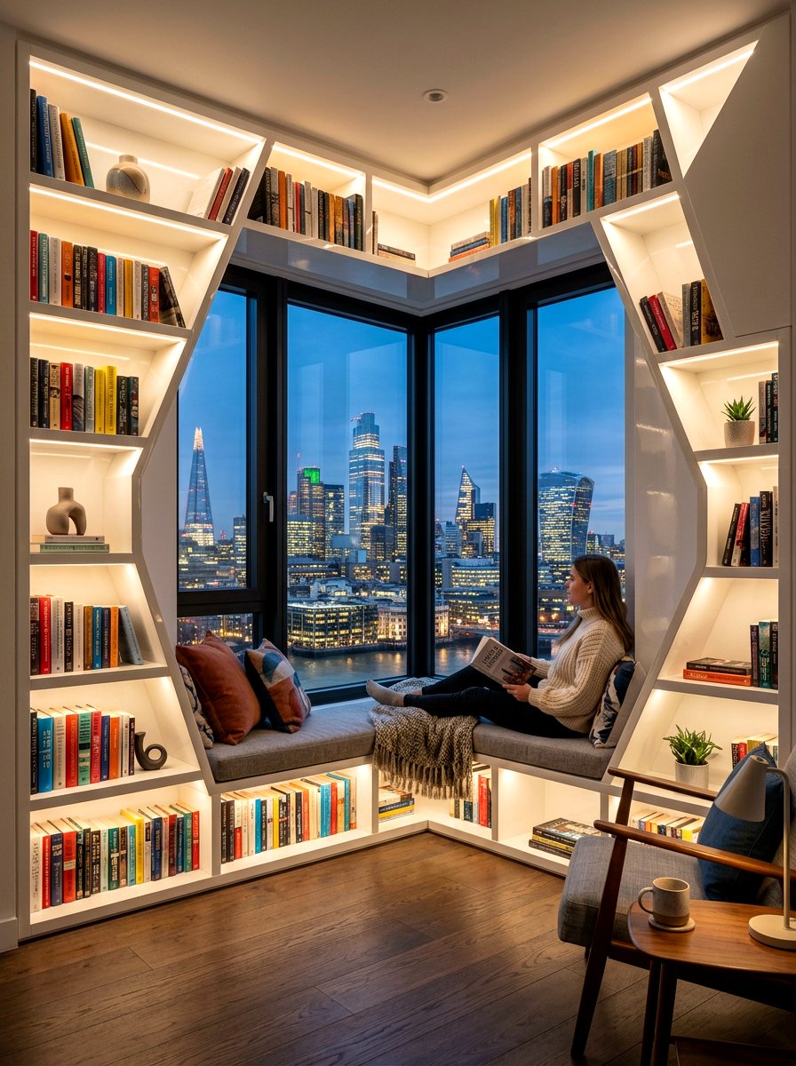 Contemporary Window Library Nook - 30 window seat bookshelf ideas