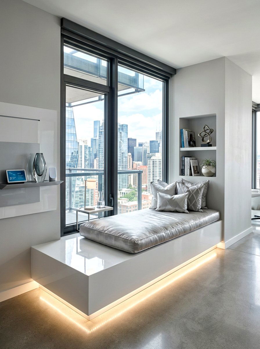 Contemporary Window Seat With Integrated Lighting - 30 storage bench window seat ideas