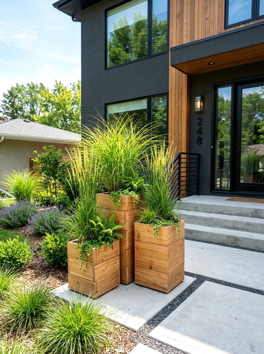 Contemporary Wood Planter - 30 asymmetrical front yard landscaping ideas