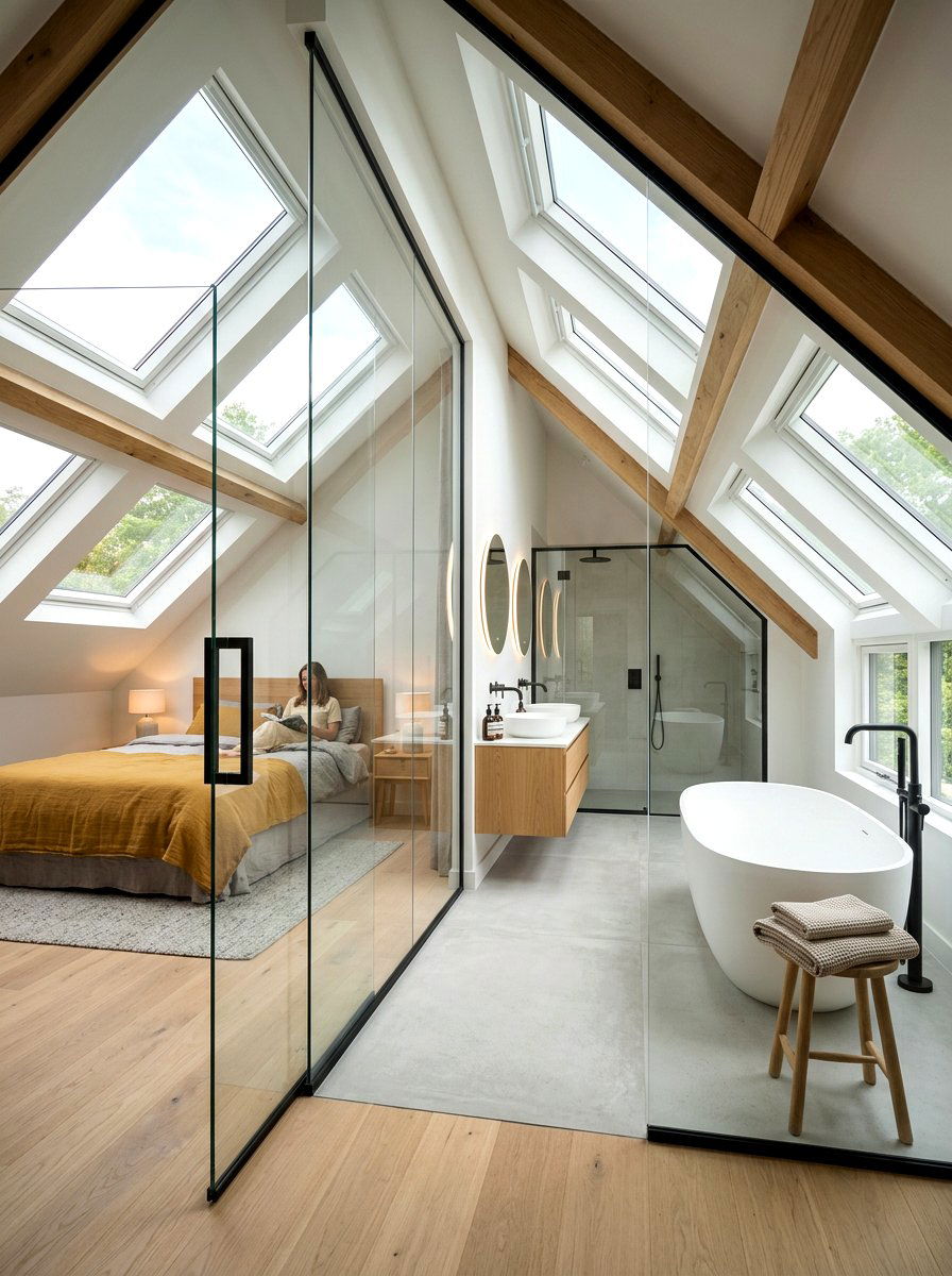 Contemporary attic bathroom with glass walls - 30 attic bathroom ideas