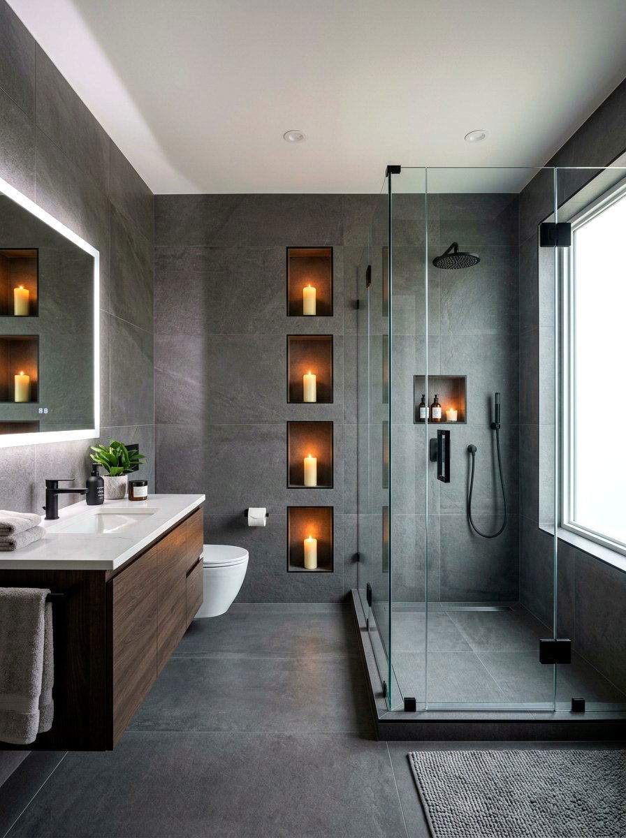 Contemporary bathroom with recessed candle niches - 30 candlelit bathroom ideas