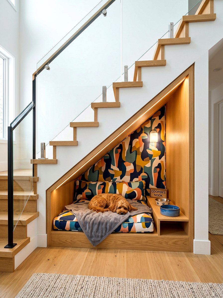 Contemporary built in dog bed - 30 under stairs pet room ideas aesthetic