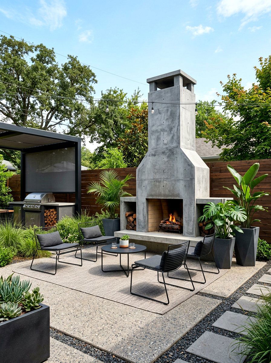 Contemporary concrete fireplace patio - 30 patio fireplace lounge ideas