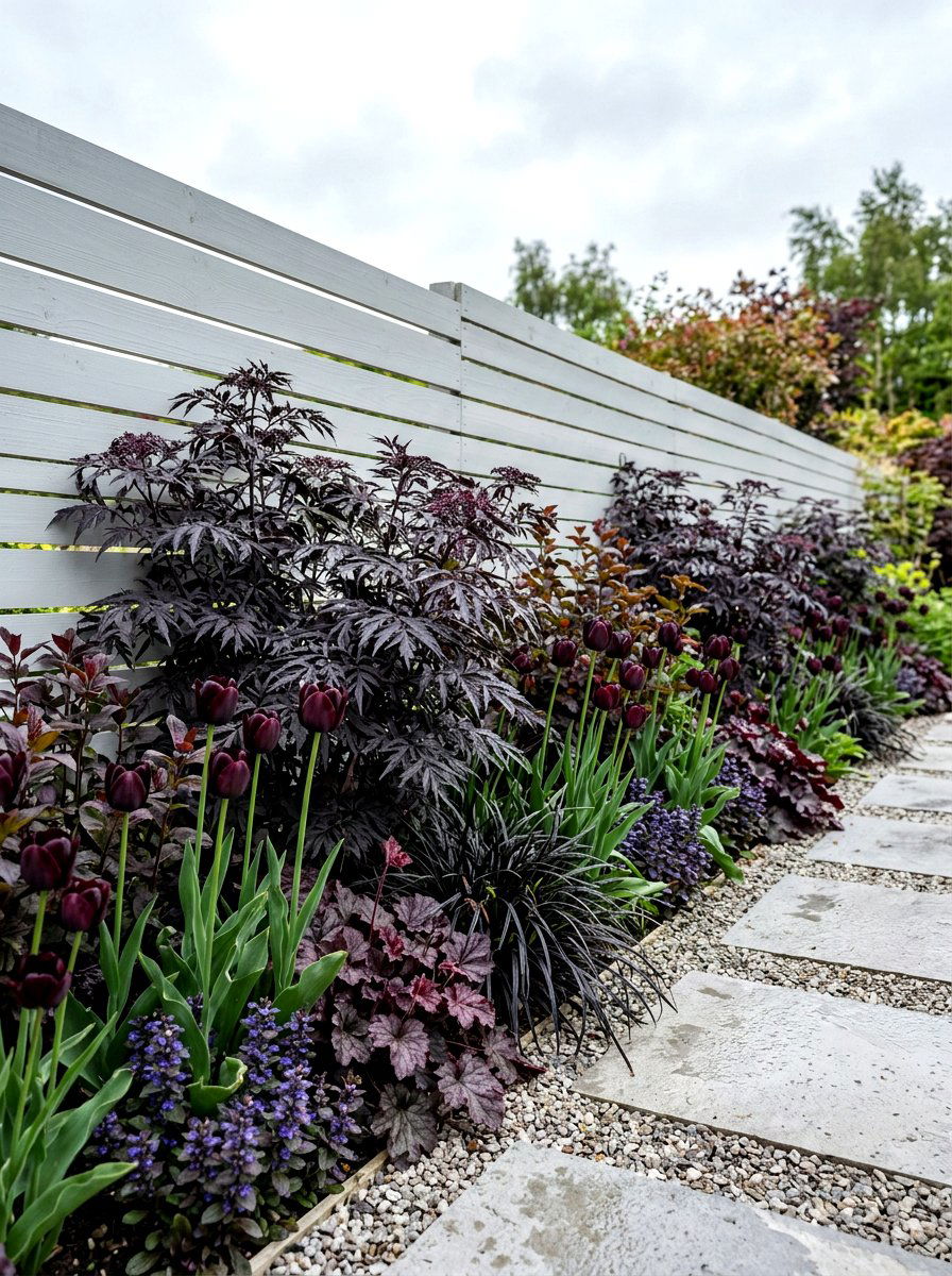 Contemporary dark foliage border - 30 border planting ideas along fence