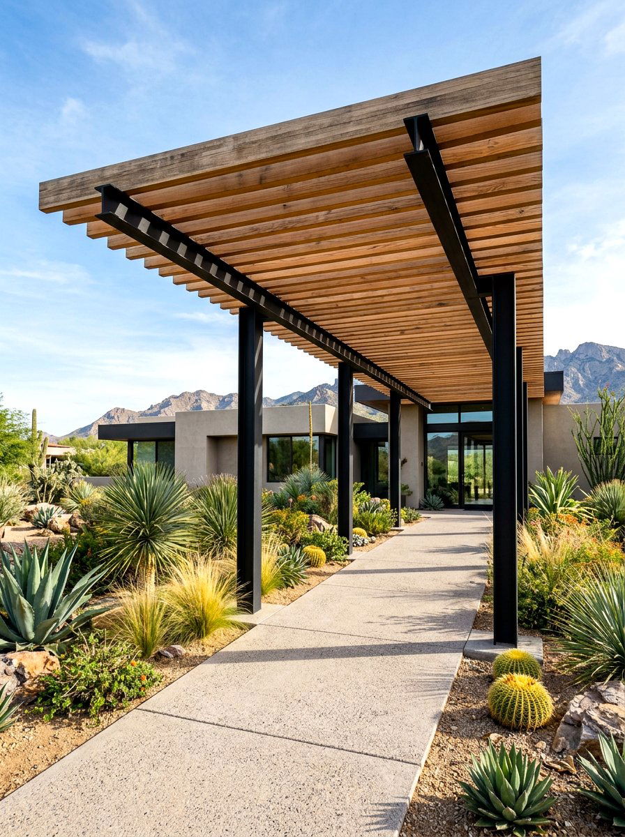 Contemporary floating beam arbor - 30 arbor entry exterior ideas