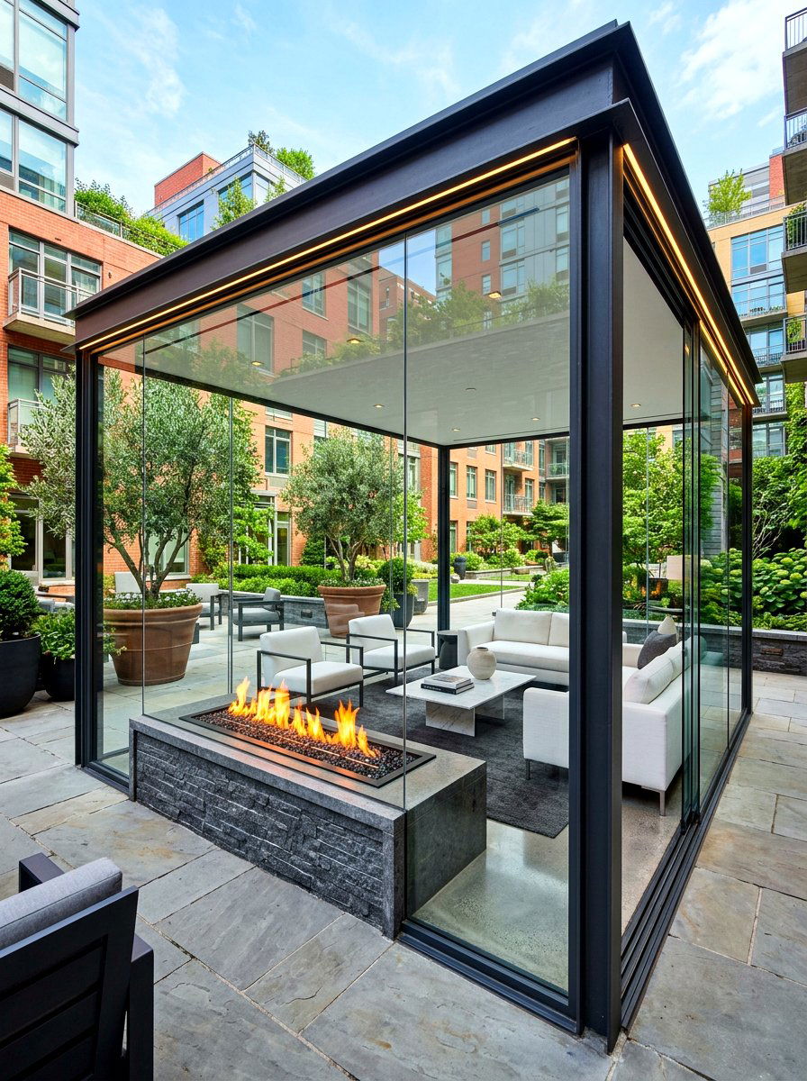 Contemporary glass fireplace pavilion - 30 pavilion fireplace ideas