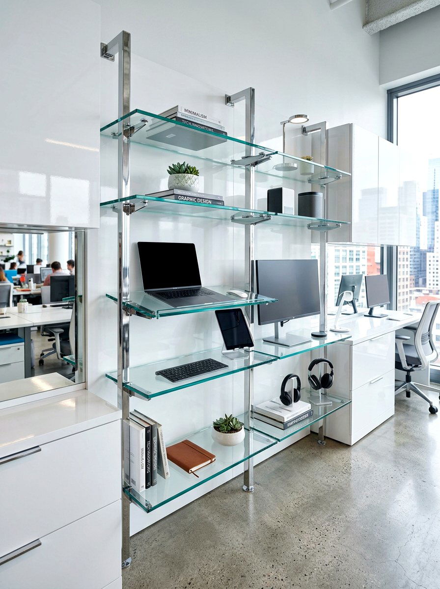 Contemporary glass office shelves - 30 home office shelf ideas