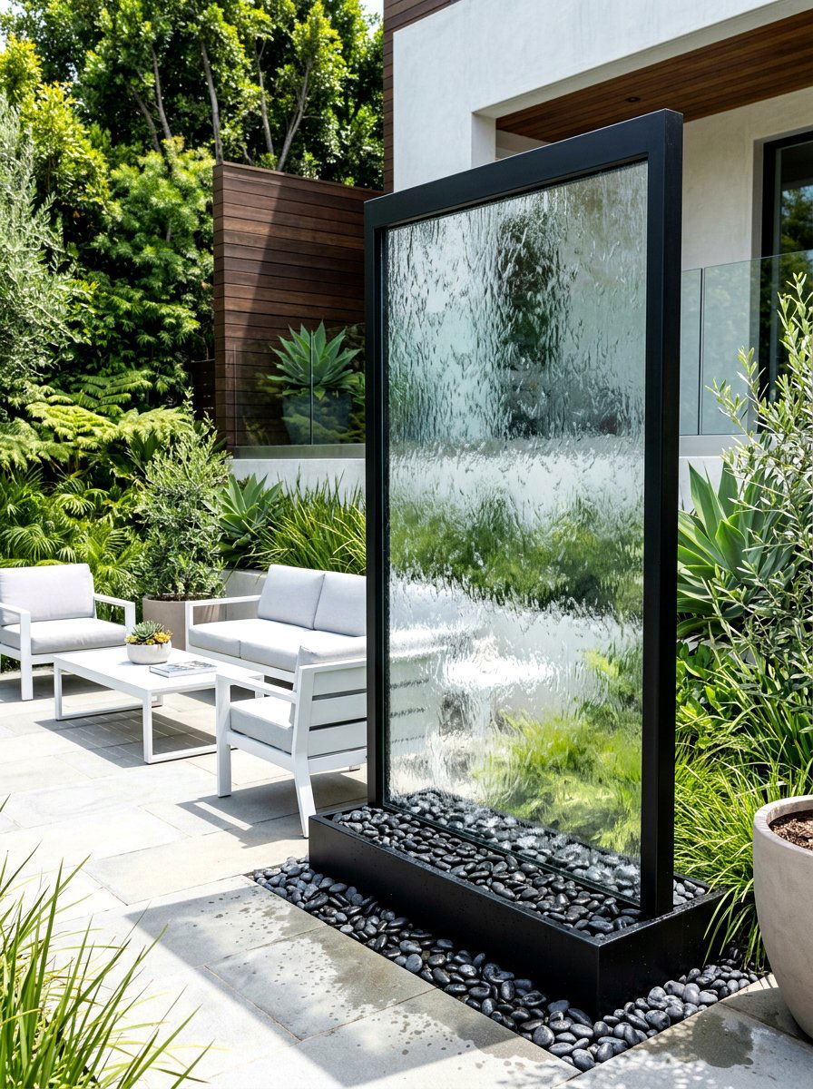 Contemporary glass water wall - 30 courtyard fountain garden ideas