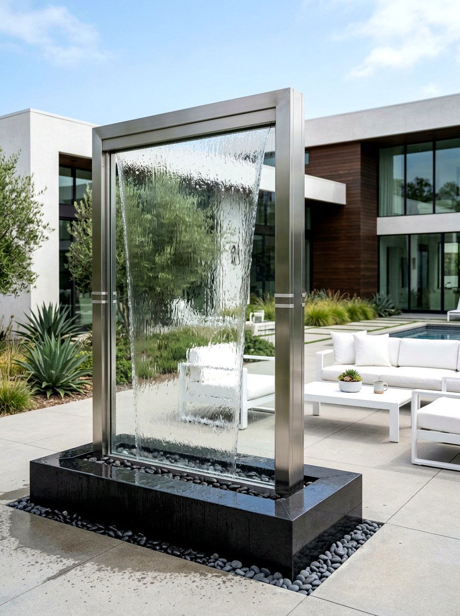 Contemporary glass waterfall - 30 pondless waterfall ideas