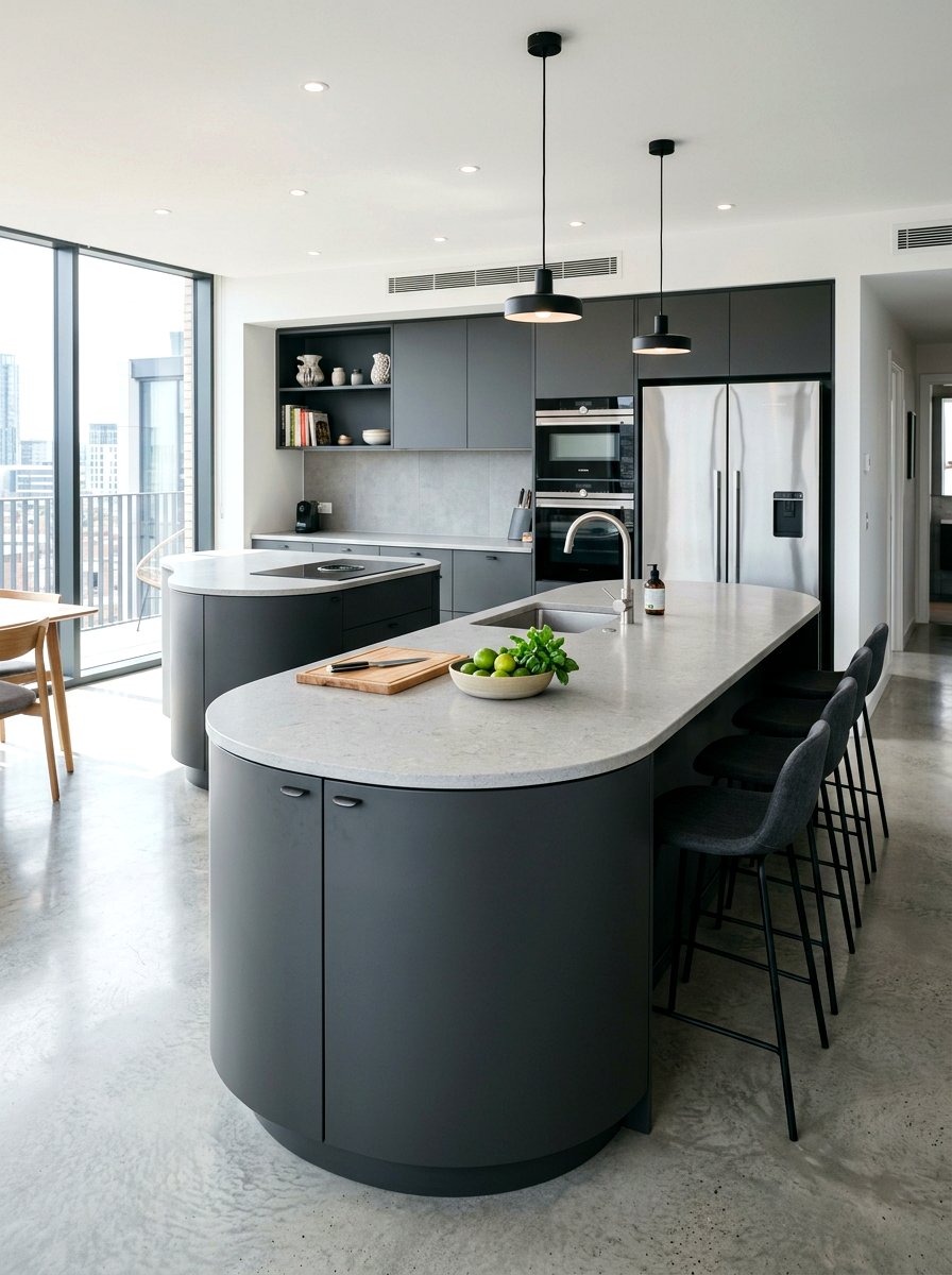 Contemporary gray curved island - 30 curved kitchen island ideas