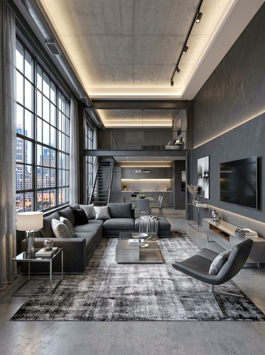 Contemporary gray loft interior - 30 loft living room ideas