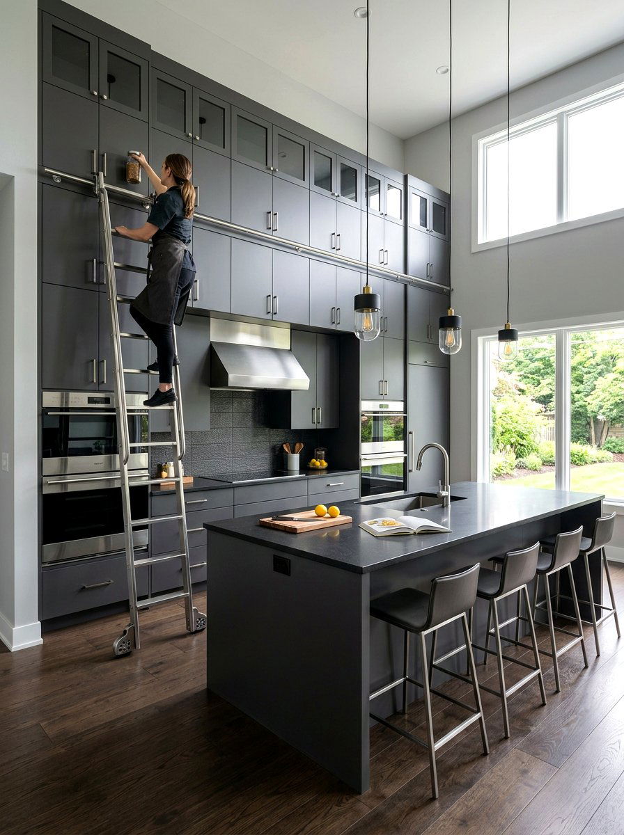Contemporary kitchen high cabinets - 30 library ladder ideas
