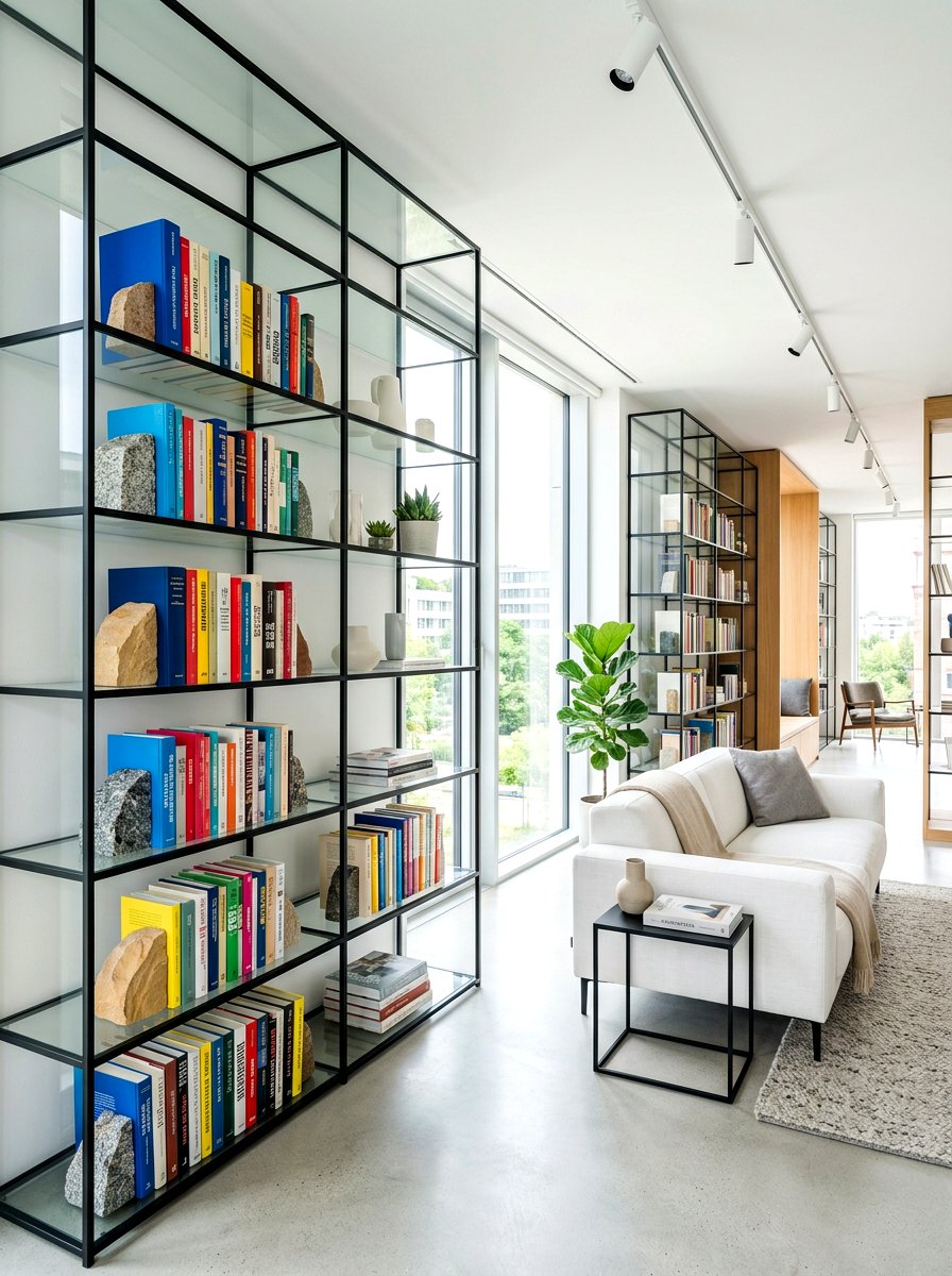 Contemporary library glass shelves - 30 cozy library fall ideas