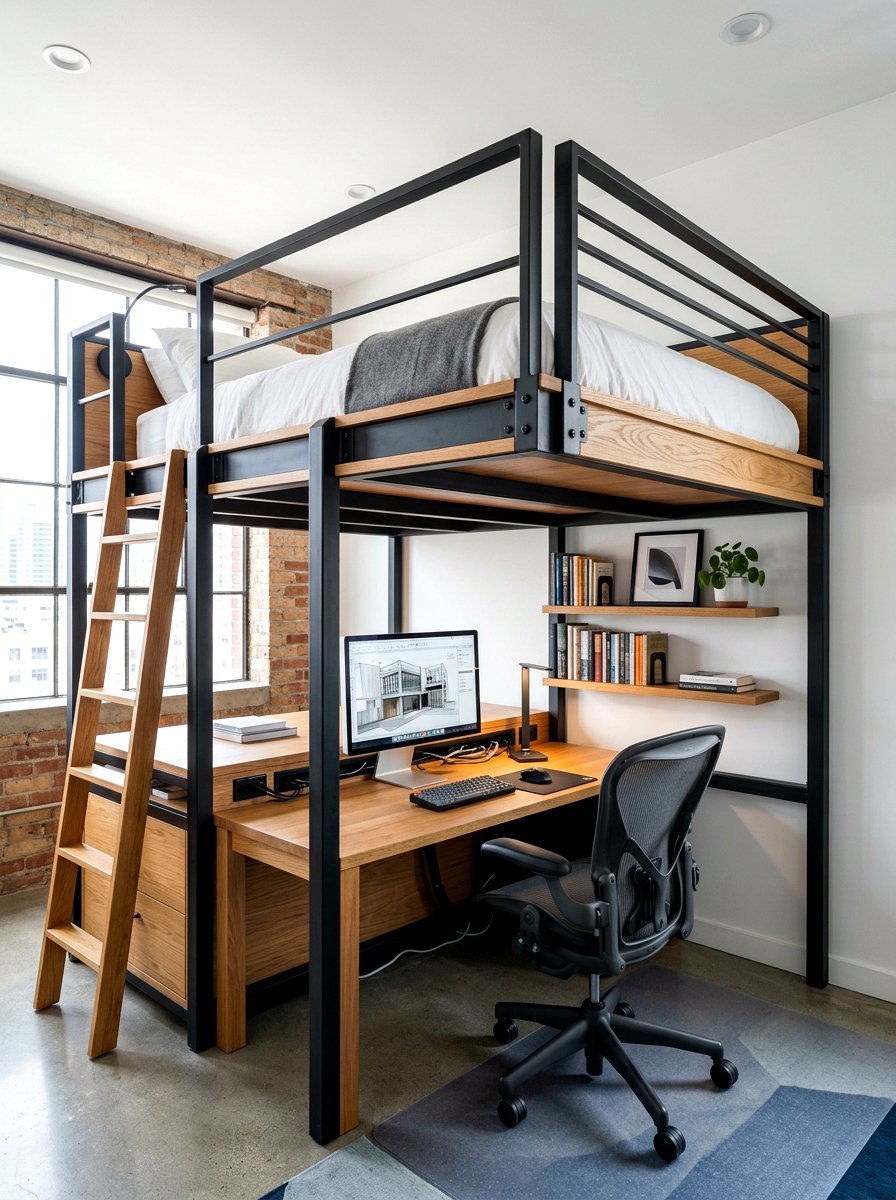 Contemporary loft bed with ergonomic office - 30 loft bed office combo ideas