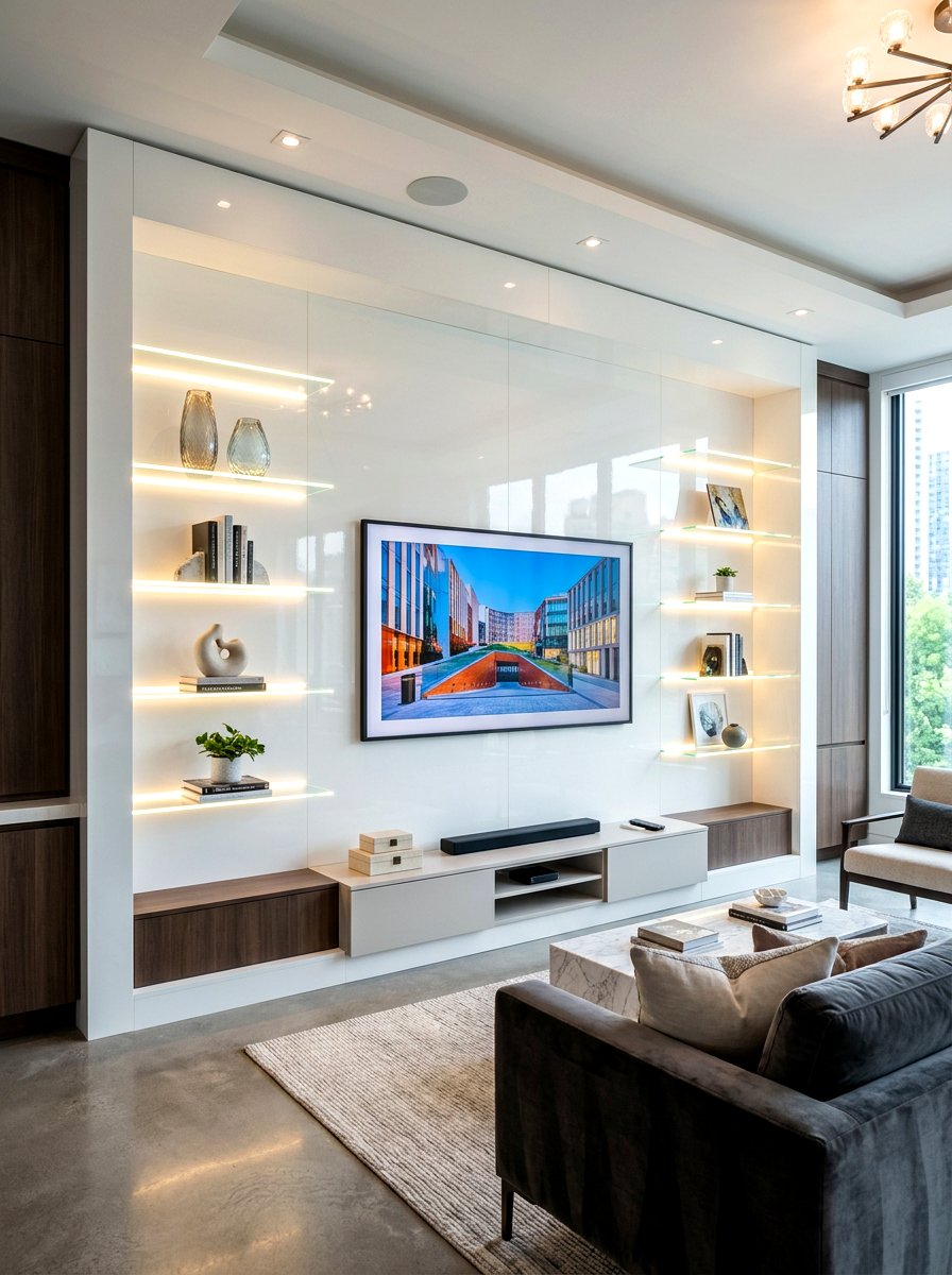 Contemporary media wall with glass shelves - 30 media wall ideas
