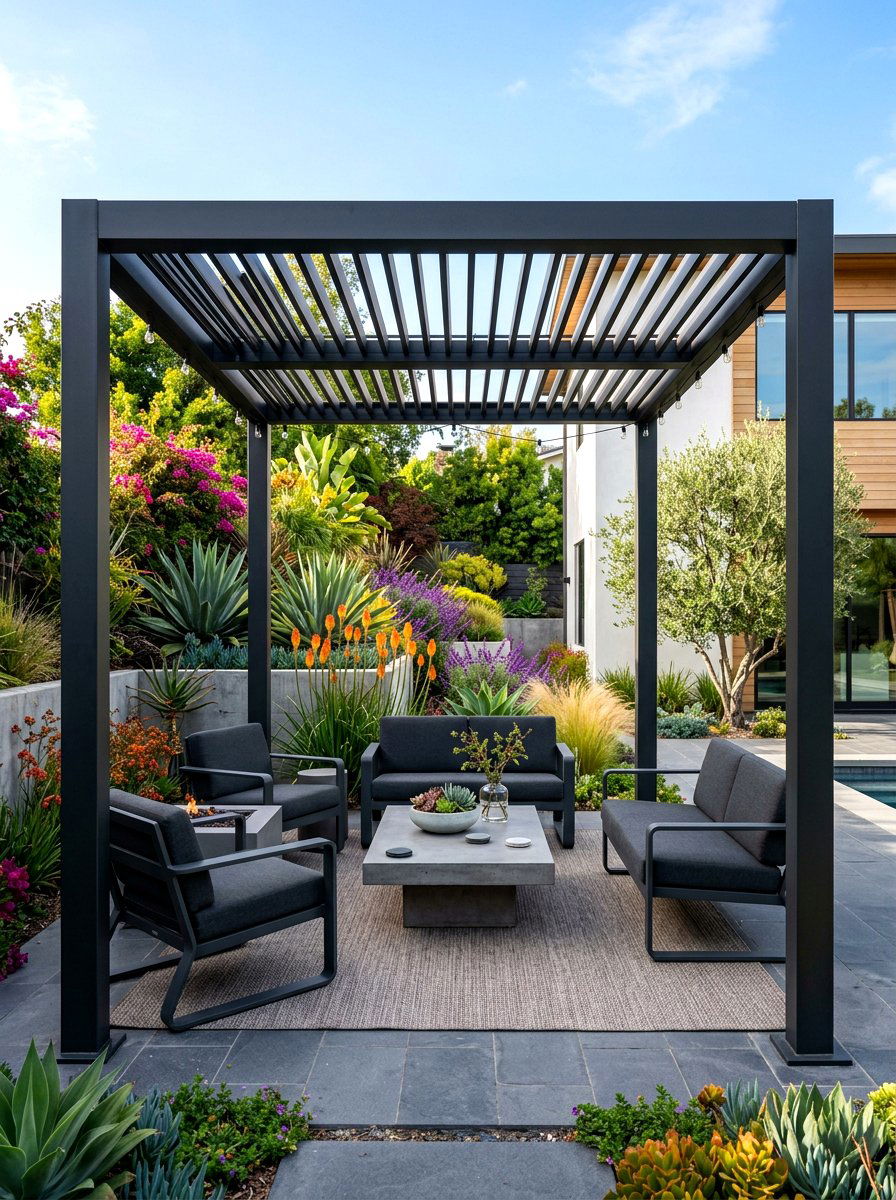 Contemporary metal pergola - 30 pergola lounge area ideas