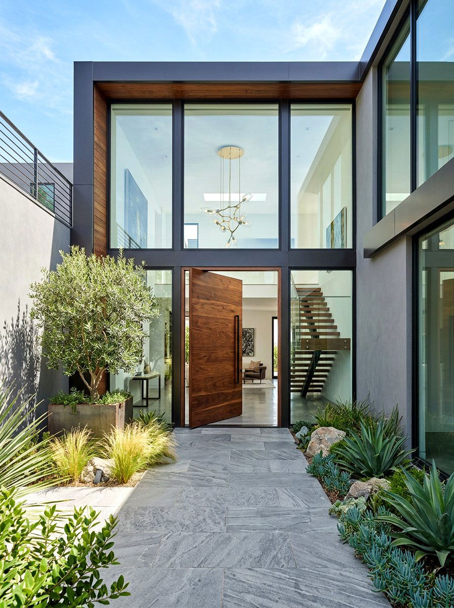 Contemporary pivot door courtyard - 30 courtyard house entry ideas
