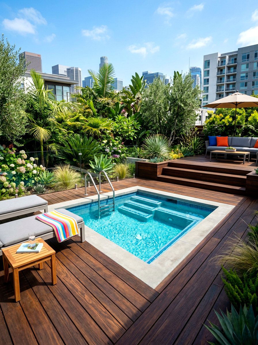 Contemporary plunge pool deck - 30 small poolside patio ideas