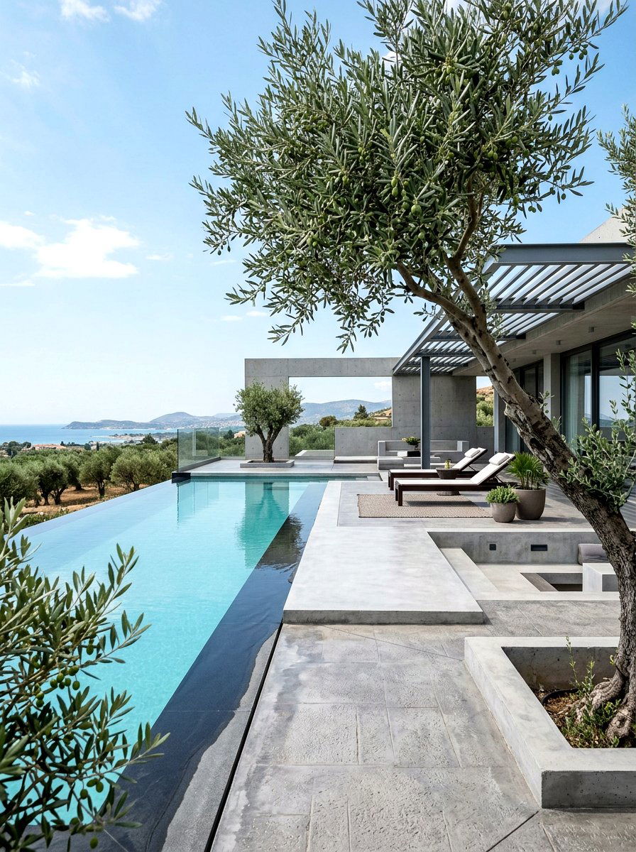 Contemporary pool deck with olive trees - 30 poolside olive trees ideas