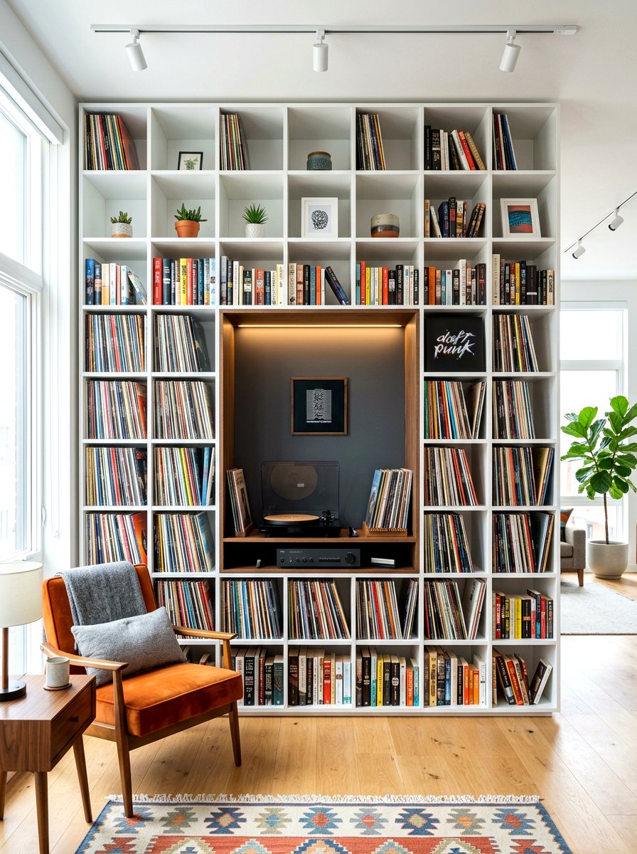 Contemporary record storage wall - 30 record listening room ideas