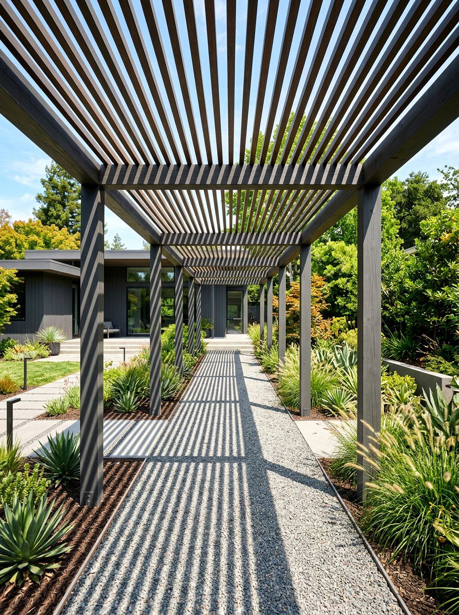 Contemporary slatted wood pergola walkway - 30 pergola walkway ideas