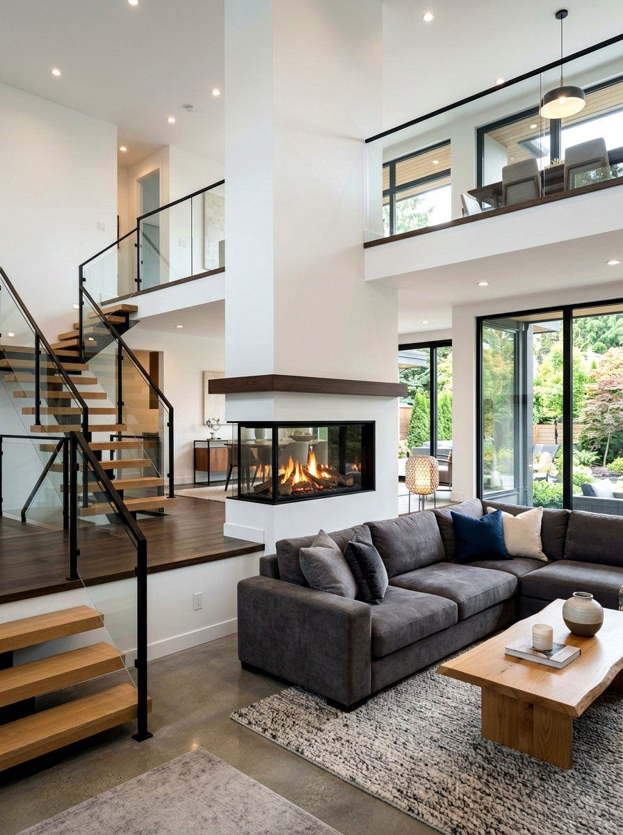 Contemporary split level fireplace focal point - 30 split level living room ideas