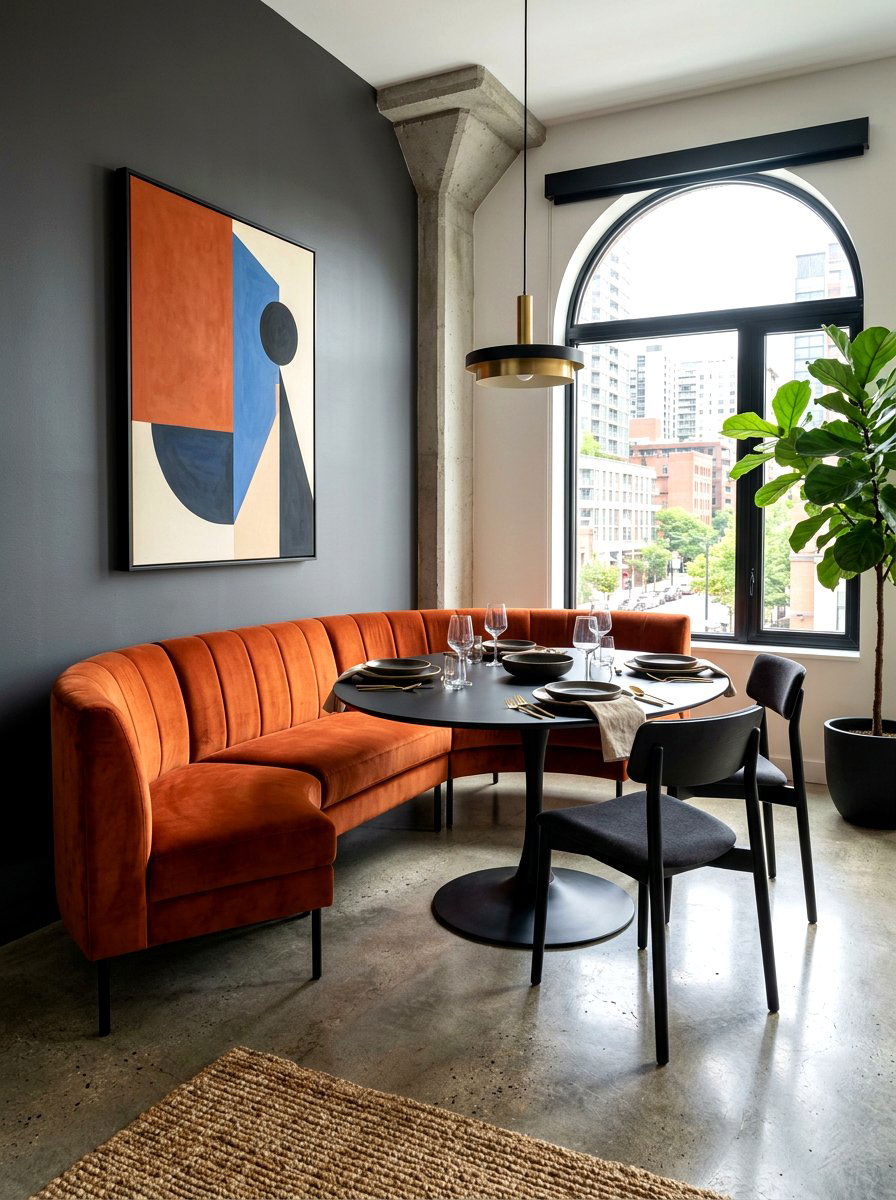 Contemporary velvet dining sofa - 30 curved banquette dining ideas