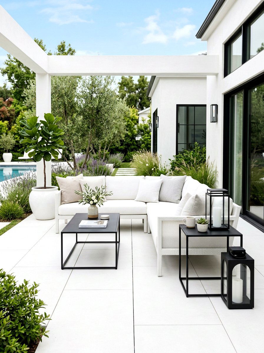 Contemporary white patio with black accents - 30 black and white patio ideas
