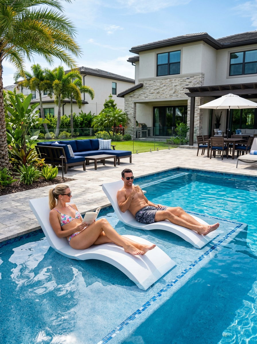 Contoured Resin Chair Pool Shelf - 30 pool ledge lounger ideas