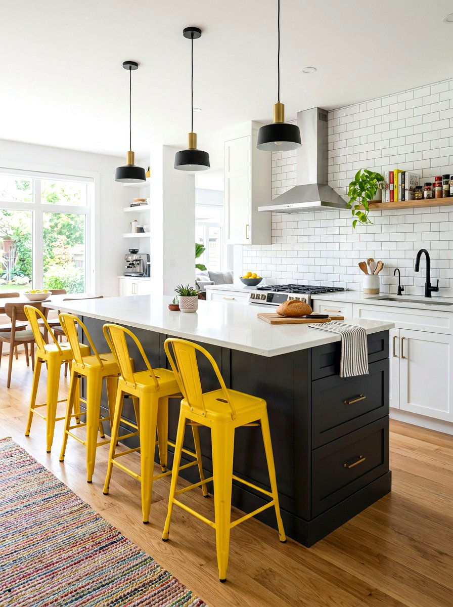 Contrasting Color Stools - 30 kitchen island seating ideas