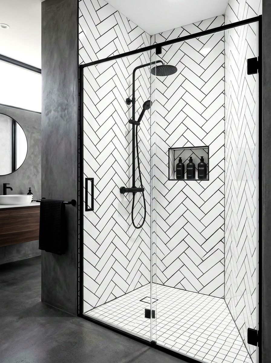 Contrasting Grout Herringbone Shower - 30 herringbone shower tile ideas