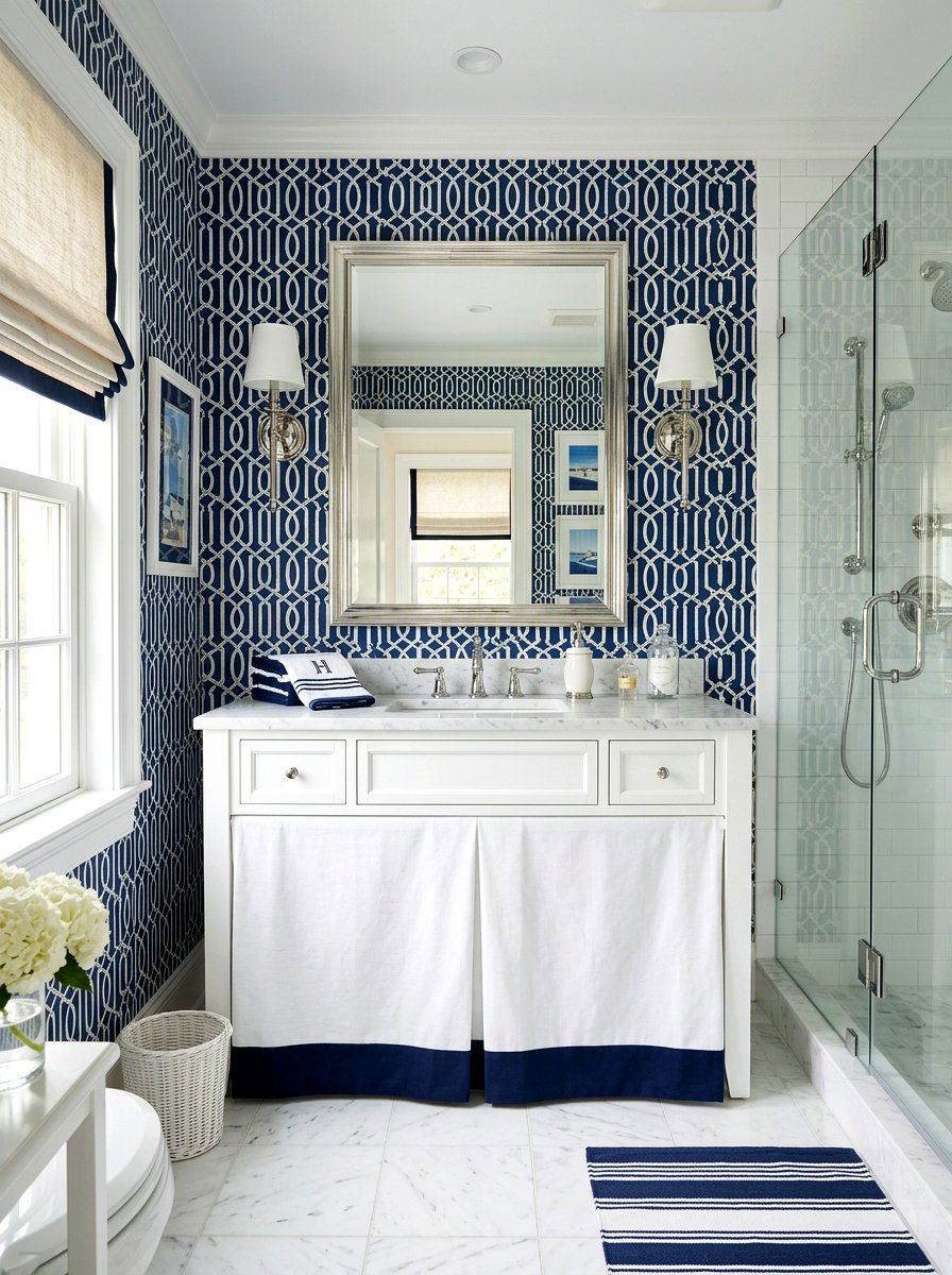Contrasting Trim Vanity Fabric - 30 skirted vanity ideas
