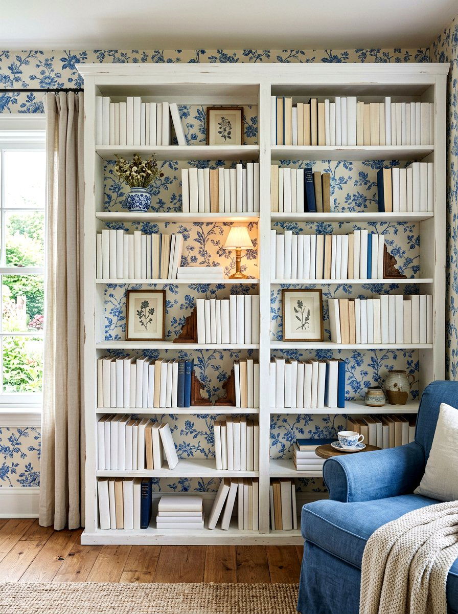 Contrasting Wallpaper Shelf Back - 30 organizing a bookshelf ideas