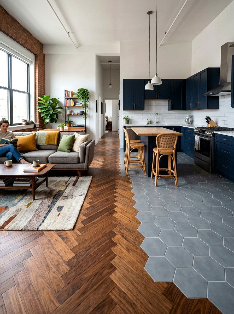Contrasting floor materials - 30 broken floor plan apartment ideas