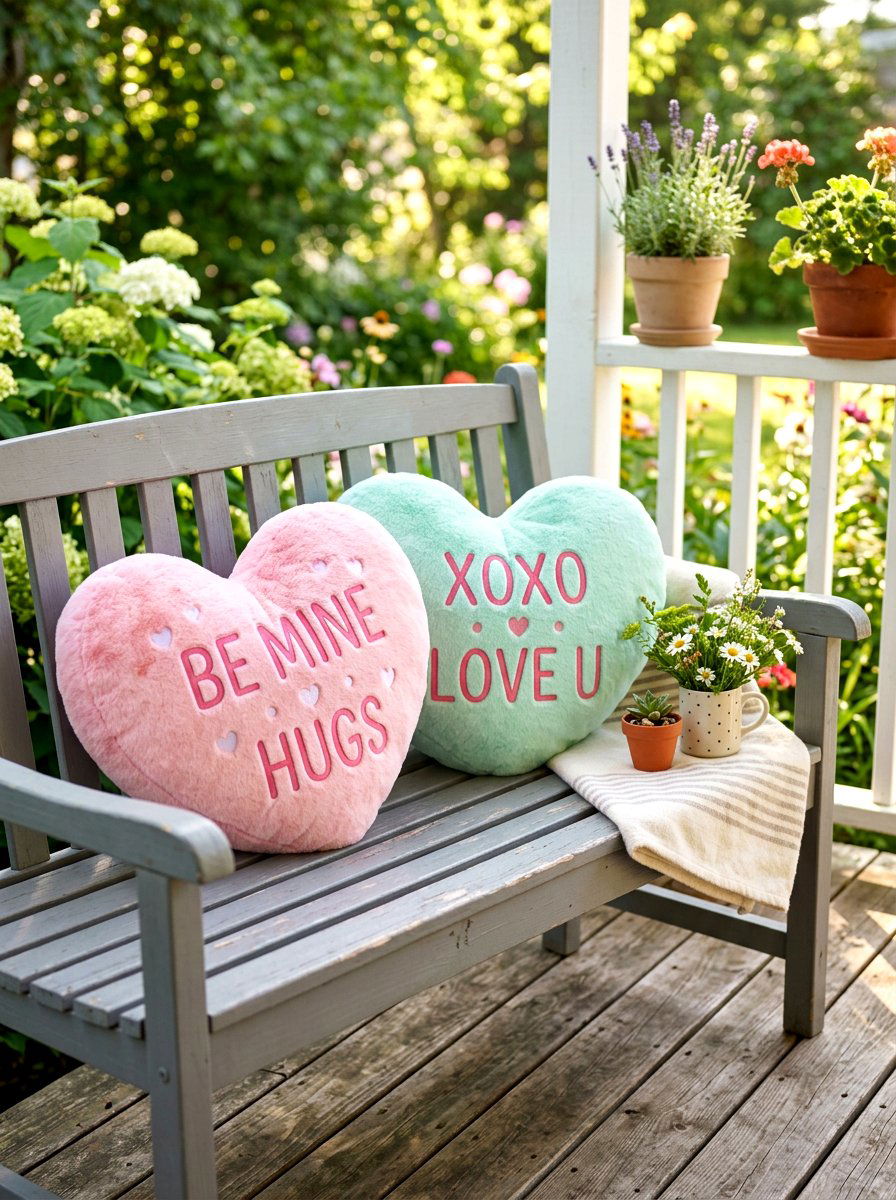 Conversation Heart Pillow - 30 front porch Valentine decor ideas